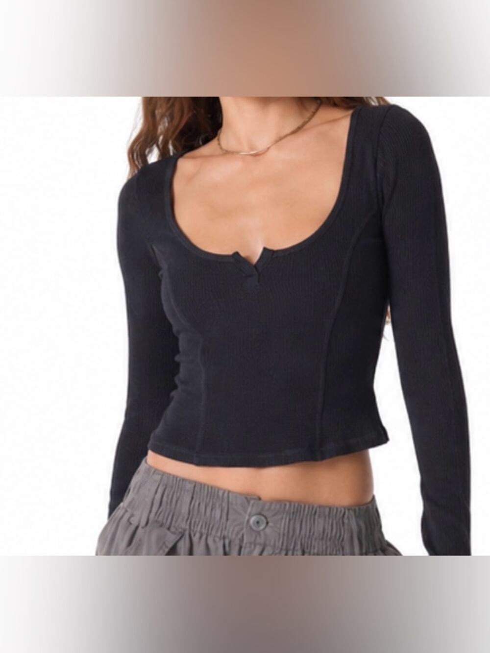 Out From Under Black Ribbed Corset Seam Long Sleeve Top